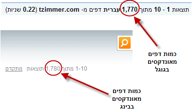 דפים מאונדקסים בבינג מול גוגל