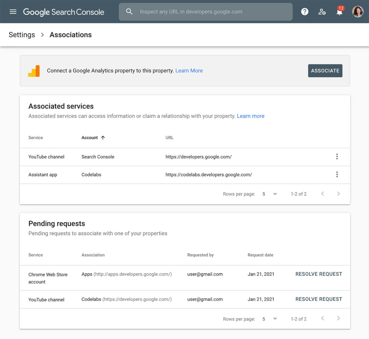 Search Console Associations