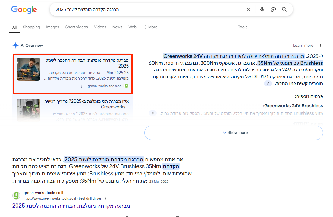 רואים את התוצאה הראשונה בתיבת AI Overview